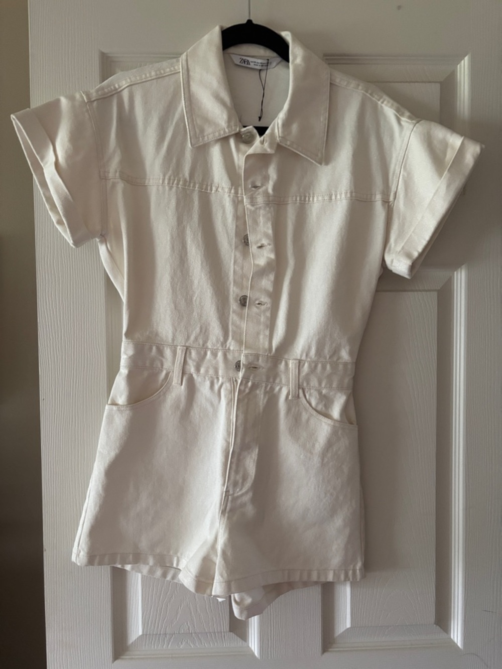 ZARA Cream Short-Sleeve Denim Romper